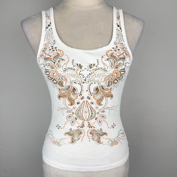Tops - Y2K White Ribbed Sequin Graphic Tank Top Paisley Boho Scoop Neck Sleeveless